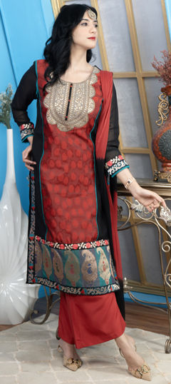 Red and Maroon color Salwar Kameez in Chanderi Silk fabric with Embroidered, Patch, Thread work