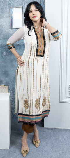 White and Off White color Salwar Kameez in Georgette fabric with Embroidered, Mirror, Printed, Thread, Tye n Dye work