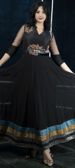 Black and Grey color Salwar Kameez in Georgette fabric with Embroidered, Thread, Zardozi work