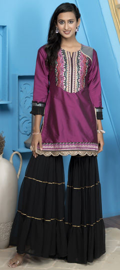 Pink and Majenta color Salwar Kameez in Silk cotton fabric with Embroidered, Sequence, Thread, Zari work