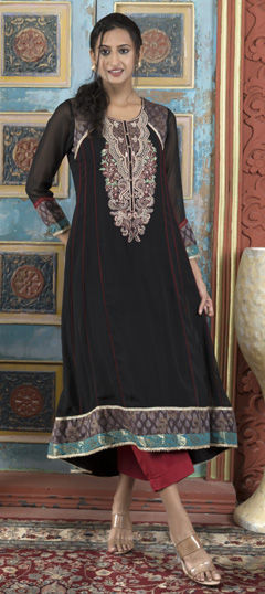 Black and Grey color Salwar Kameez in Georgette fabric with Embroidered, Thread work