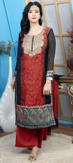 Red and Maroon color Salwar Kameez in Chanderi Silk fabric with Embroidered, Patch, Thread work