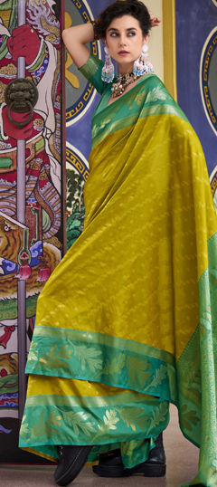 Green, Yellow color Saree in Banarasi Silk fabric with Printed, Weaving work