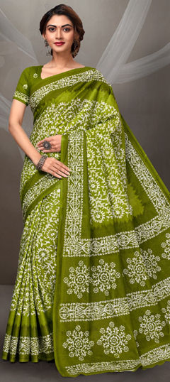 Green color Saree in Cotton fabric with Printed work