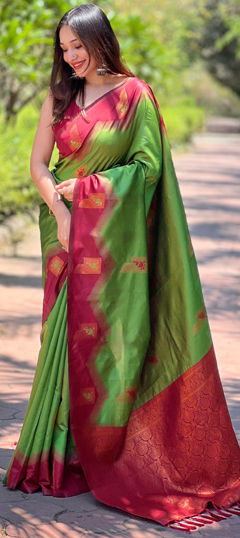 Green, Red and Maroon color Saree in Banarasi Silk fabric with Weaving work