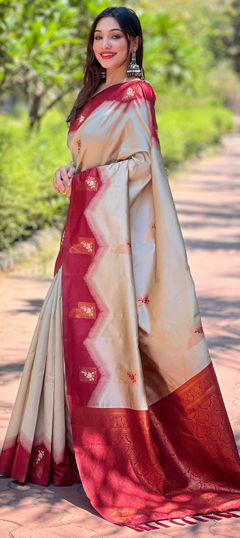 Beige and Brown, Pink and Majenta color Saree in Banarasi Silk fabric with Weaving work