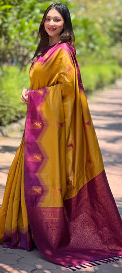 Purple and Violet, Yellow color Saree in Banarasi Silk fabric with Weaving work