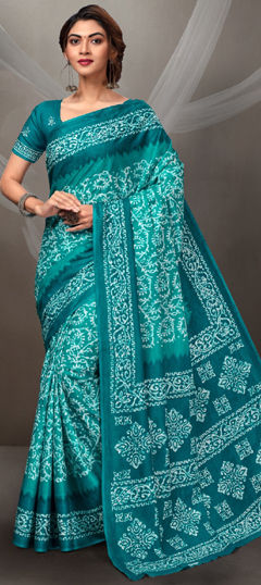 Blue color Saree in Cotton fabric with Printed work