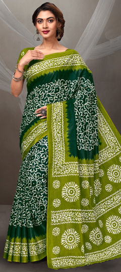 Green color Saree in Cotton fabric with Printed work