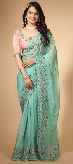 Green color Saree in Organza Silk fabric with Embroidered, Resham, Thread, Zari work