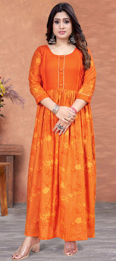 Casual, Summer Orange color Kurti in Rayon fabric with Long Sleeve, Straight Printed work : 1975777