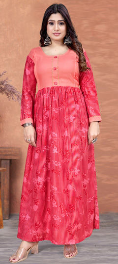 Casual, Summer Pink and Majenta color Kurti in Rayon fabric with Long Sleeve, Straight Printed work : 1975778