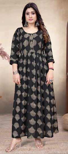 Casual, Summer Black and Grey color Kurti in Rayon fabric with Long Sleeve, Straight Printed work : 1975793