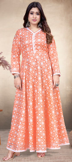 Summer Orange color Kurti in Rayon fabric with Anarkali Printed work : 1975795