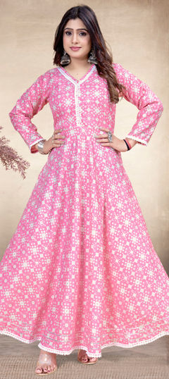 Summer Pink and Majenta color Kurti in Rayon fabric with Anarkali Printed work : 1975796