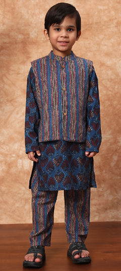 Blue color Boys Kurta Pyjama with Jacket in Cotton fabric with Printed work