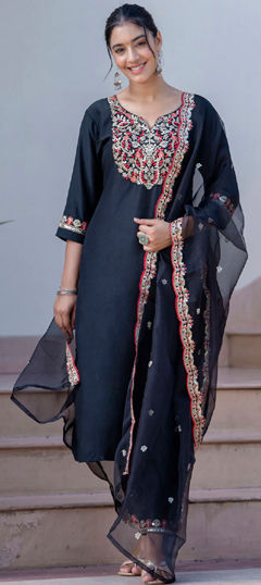 Black and Grey color Salwar Kameez in Blended fabric with Embroidered, Sequence work