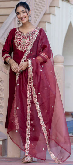 Red and Maroon color Salwar Kameez in Blended fabric with Embroidered, Sequence work