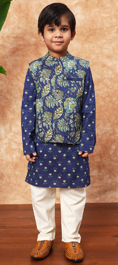 Blue color Boys Kurta Pyjama with Jacket in Cotton fabric with Floral, Printed work