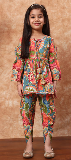 Multicolor color Girls Top with Bottom in Cotton fabric with Gota Patti, Printed work