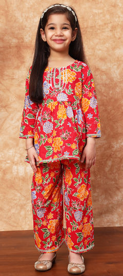 Red and Maroon color Girls Top with Bottom in Cotton fabric with Gota Patti, Printed work