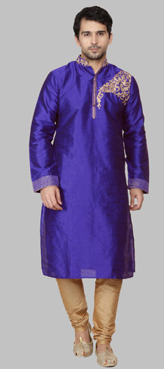 Blue color Kurta Pyjamas in Dupion Silk fabric with Embroidered, Thread work