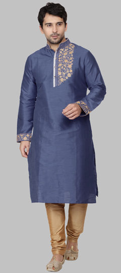 Blue color Kurta Pyjamas in Dupion Silk fabric with Embroidered, Thread work