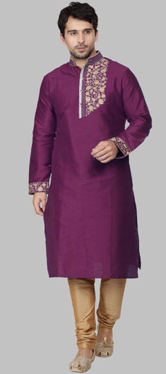 Purple and Violet color Kurta Pyjamas in Dupion Silk fabric with Embroidered, Thread work