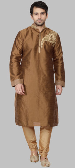 Beige and Brown color Kurta Pyjamas in Dupion Silk fabric with Embroidered, Thread work