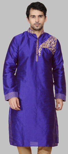 Blue color Kurta in Dupion Silk fabric with Embroidered, Thread work