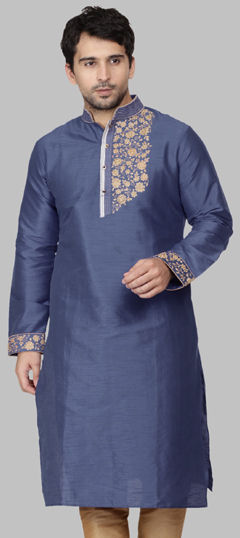 Blue color Kurta in Dupion Silk fabric with Embroidered, Thread work