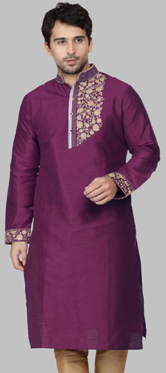 Purple and Violet color Kurta in Dupion Silk fabric with Embroidered, Thread work
