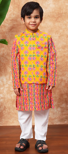 Yellow color Boys Kurta Pyjama with Jacket in Cotton fabric with Printed work