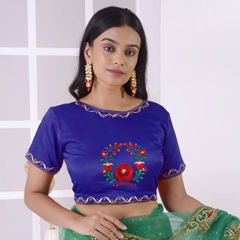 Blue color Blouse in Satin Silk fabric with Embroidered, Thread work
