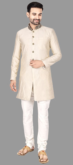 Beige and Brown color IndoWestern Dress in Art Silk fabric with Bugle Beads work