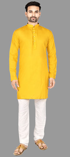 Yellow color Kurta Pyjamas in Cotton fabric with Thread work