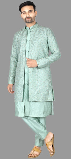 Green color IndoWestern Dress in Brocade fabric with Embroidered, Resham, Thread work
