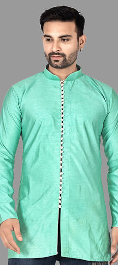 Green color Kurta in Tussar Silk fabric with Thread work