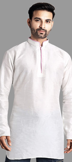 White and Off White color Kurta in Tussar Silk fabric with Thread work