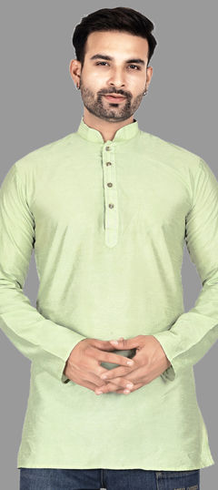 Green color Kurta in Tussar Silk fabric with Thread work
