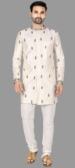 Beige and Brown color IndoWestern Dress in Art Silk fabric with Zardozi work