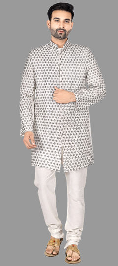 White and Off White color IndoWestern Dress in Brocade fabric with Bugle Beads, Cut Dana work