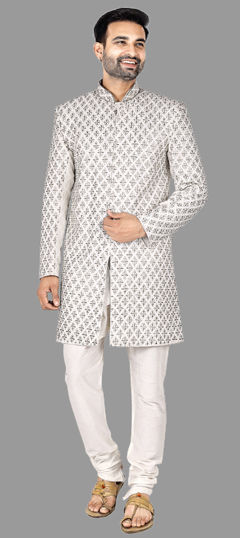 White and Off White color IndoWestern Dress in Brocade fabric with Bugle Beads, Cut Dana, Zardozi work