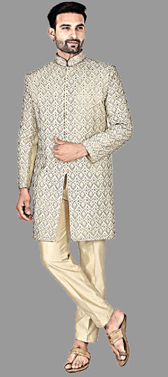 Beige and Brown color IndoWestern Dress in Brocade fabric with Bugle Beads work