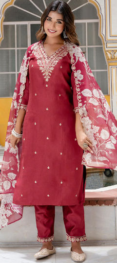 Red and Maroon color Salwar Kameez in Rayon fabric with Embroidered, Resham, Thread work