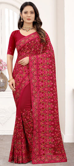 Red and Maroon color Saree in Georgette fabric with Embroidered, Resham, Thread work