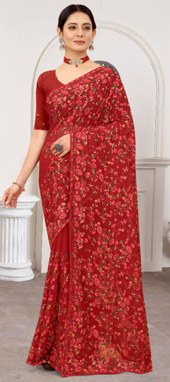 Red and Maroon color Saree in Georgette fabric with Embroidered, Resham, Thread work