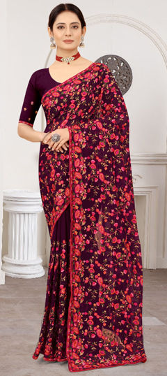 Purple and Violet color Saree in Georgette fabric with Embroidered, Resham, Thread work