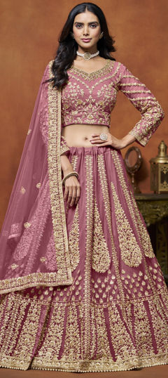 Pink and Majenta color Lehenga in Net fabric with Embroidered, Thread, Zari work