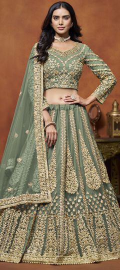 Green color Lehenga in Net fabric with Embroidered, Thread, Zari work